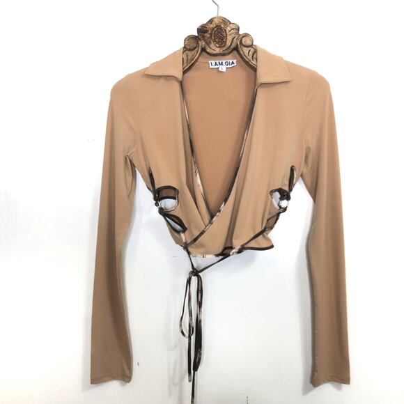 I AM GIA Renalee Floral Cutout Wrap Top Large Flare Pants Medium Set Tan - Picture 2 of 13